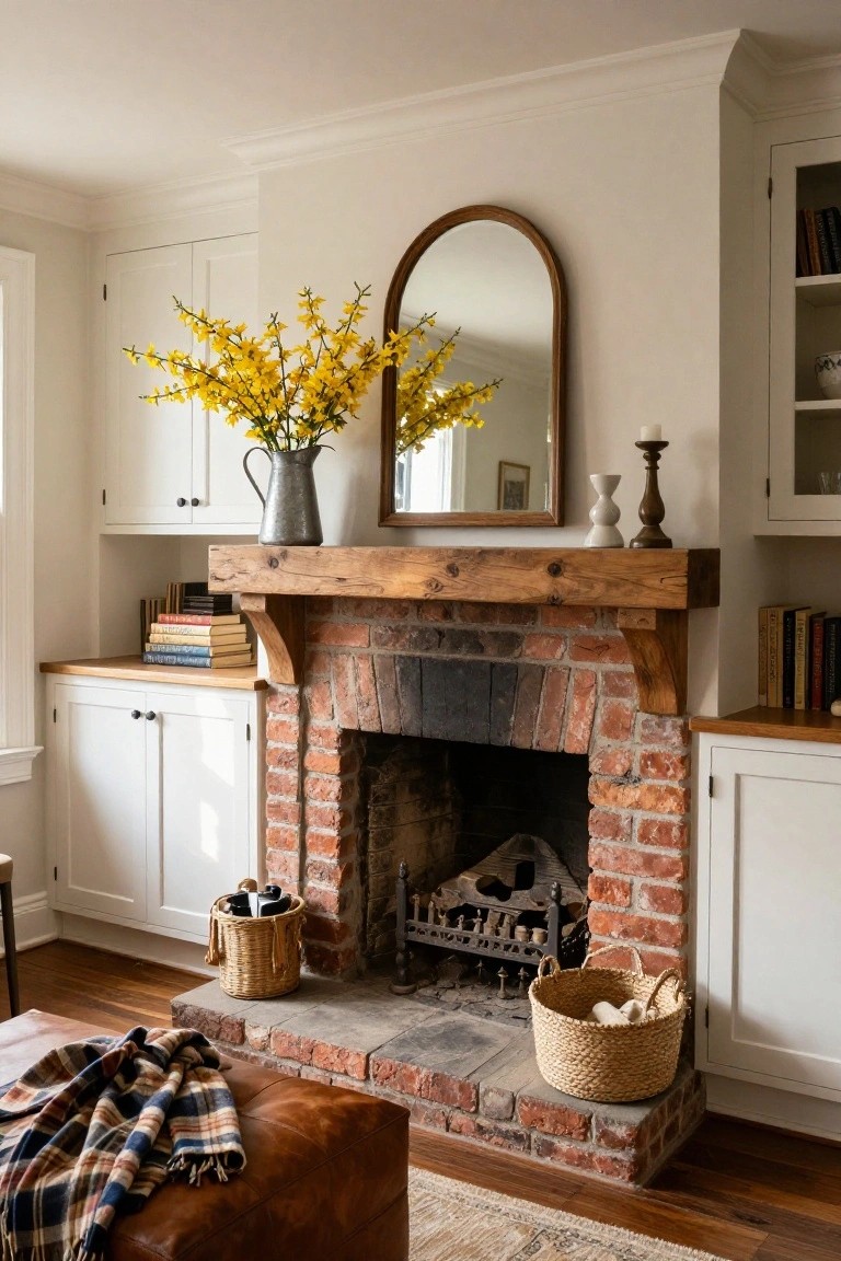 Brick fireplace with wooden mantel displaying yellow forsythia branches in a metal pitcher, stacked books, and candles, flanked by white cabinets with woven baskets below and a leather ottoman with plaid throw in front.