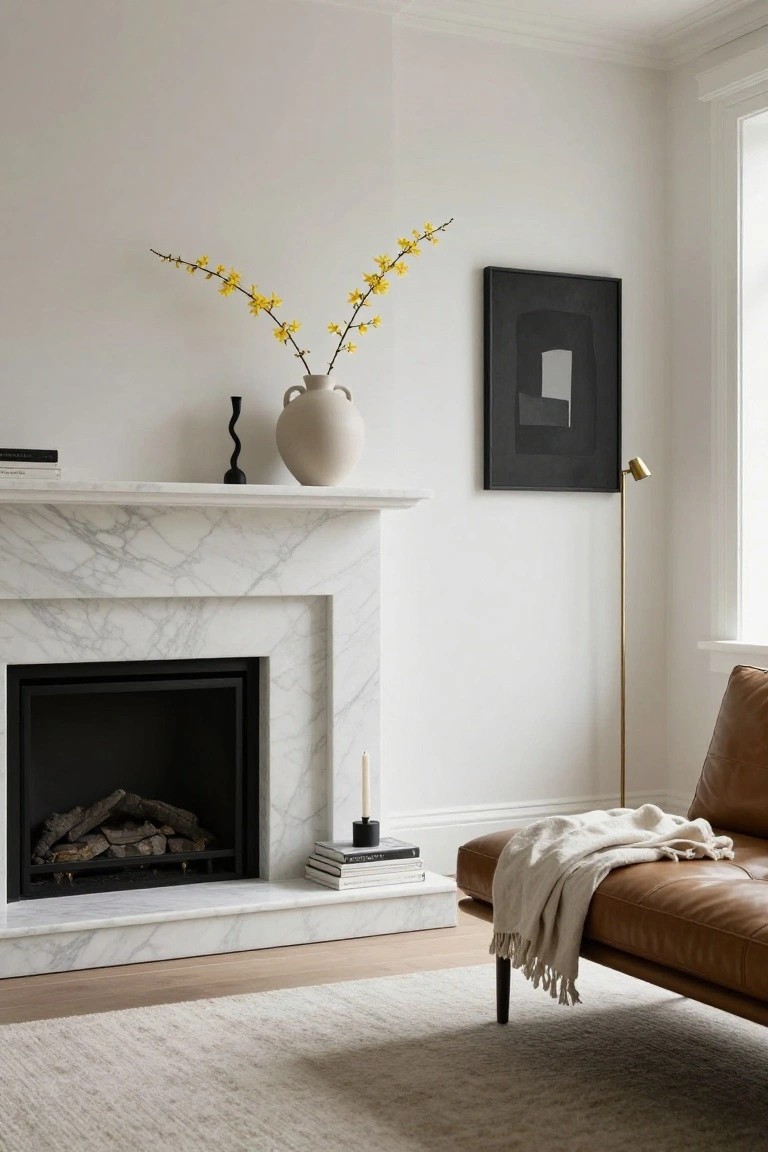 White marble fireplace mantle with a tall beige vase of yellow forsythia branches, black wavy candle holder, stacked books, black candle, and white candle, beside tan leather daybed with white throw in light room with oak floors.