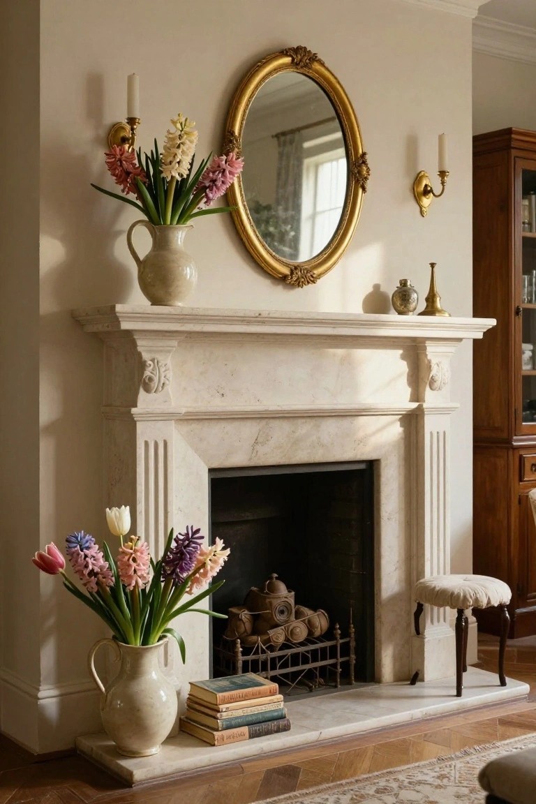 Marble fireplace mantel with stacked old books, small metal objects, two cream jugs of mixed tulips and hyacinths in pink purple and white, gold mirror above, wall sconces, and wood cabinet nearby in a beige room.