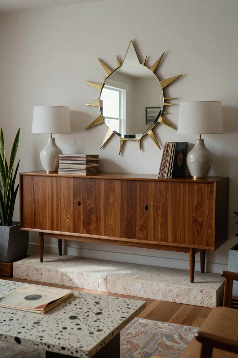 Wooden mid-century credenza against a white wall topped with stacked vinyl records and books in the center flanked by two white ceramic lamps on gold bases, large gold sunburst mirror mounted above, potted plant to the left, terrazzo coffee table in foreground.