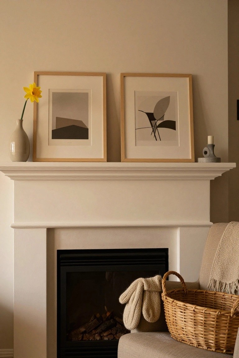 White fireplace mantel with two oak-framed neutral abstract artworks, a beige vase holding a single yellow daffodil, and a gray stone candle holder, next to a cream armchair with a wicker basket containing beige wool mittens.