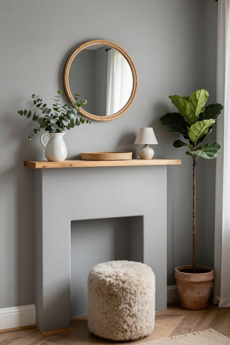 Gray faux fireplace with wooden mantel shelf holding white jug of eucalyptus, rattan tray, ceramic lamp, round rattan mirror above, fiddle leaf fig in terracotta pot beside, and cream fluffy pouf stool in front on wood floor.
