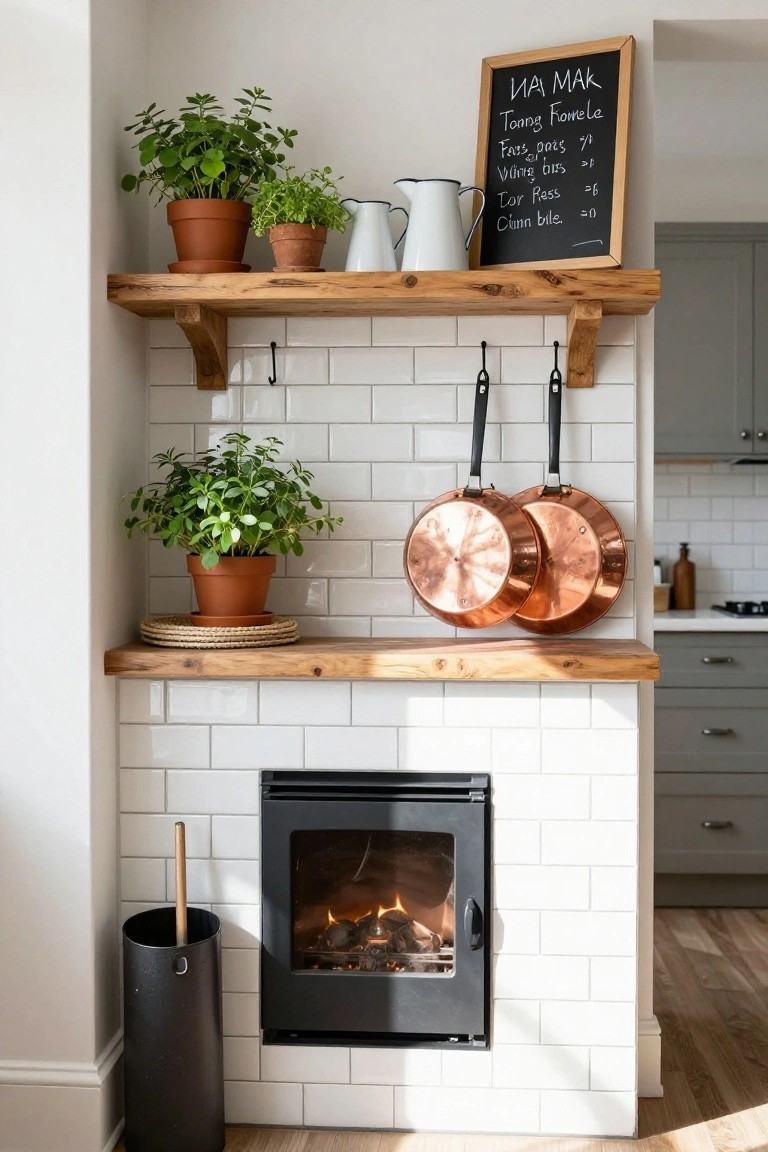 Kitchen corner featuring wooden floating shelves with potted plants and enamelware jugs, copper pots hanging on white subway tile wall beside a chalkboard sign, wooden mantle shelf with potted plant below a gas fireplace, and a black bucket nearby.