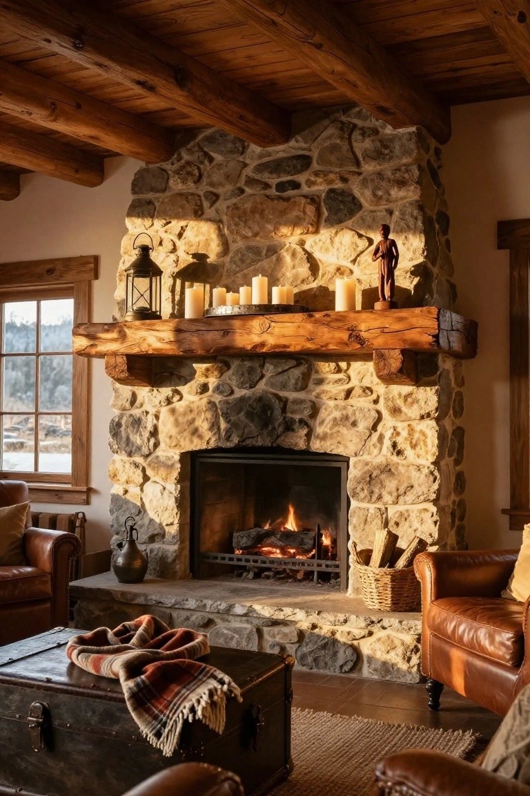 Stone fireplace in a rustic wooden-beamed living room with a thick wood mantel holding grouped white candles, a metal lantern, and wooden figures, flanked by leather armchairs, a trunk table with a blanket, and a window view of snowy landscape.