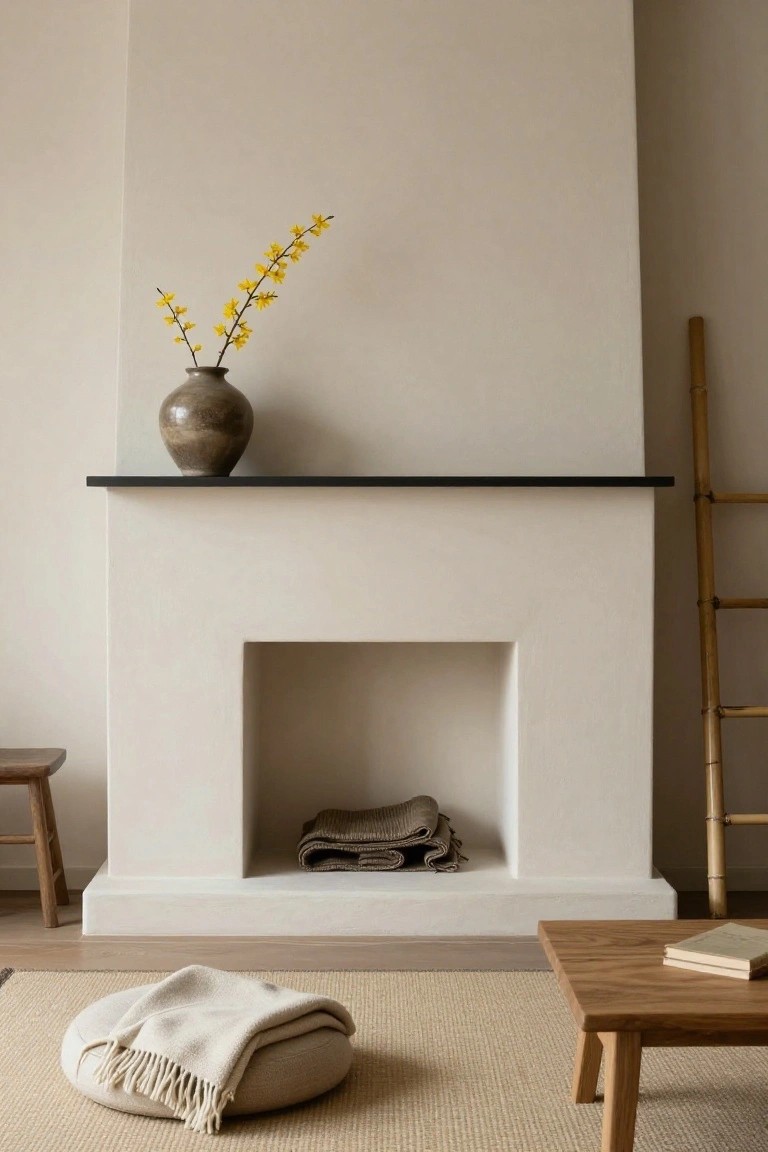 Minimalist white plaster fireplace with black shelf holding a gray ceramic vase of yellow forsythia branches, folded beige blankets in the hearth, leaning bamboo ladder, wooden stool, low table with book, and floor cushion with throw on seagrass rug.