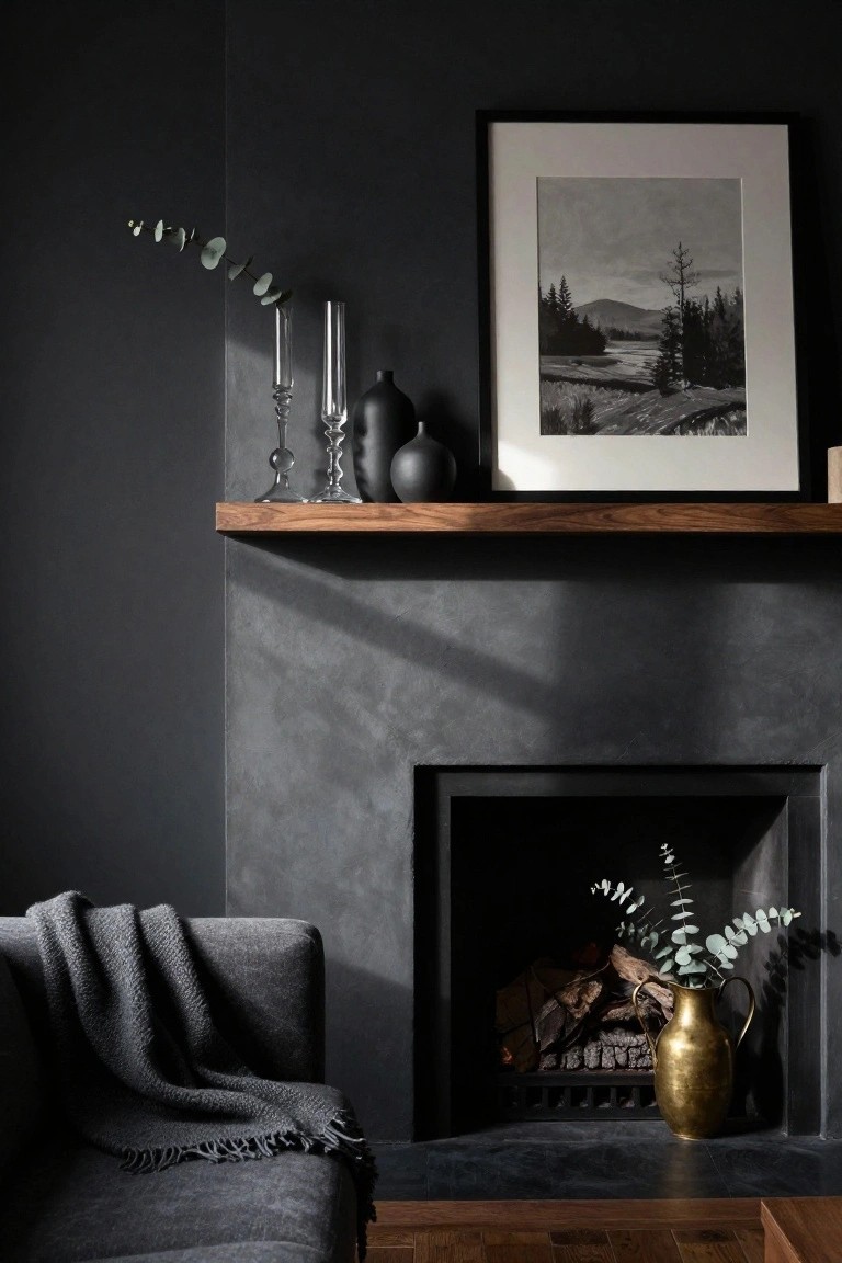 Dark interior with textured black fireplace containing logs and eucalyptus in a brass pitcher, wooden shelf above holding glass candlesticks, black pottery vases, and a framed black-and-white landscape print, gray armchair with wool throw in foreground.