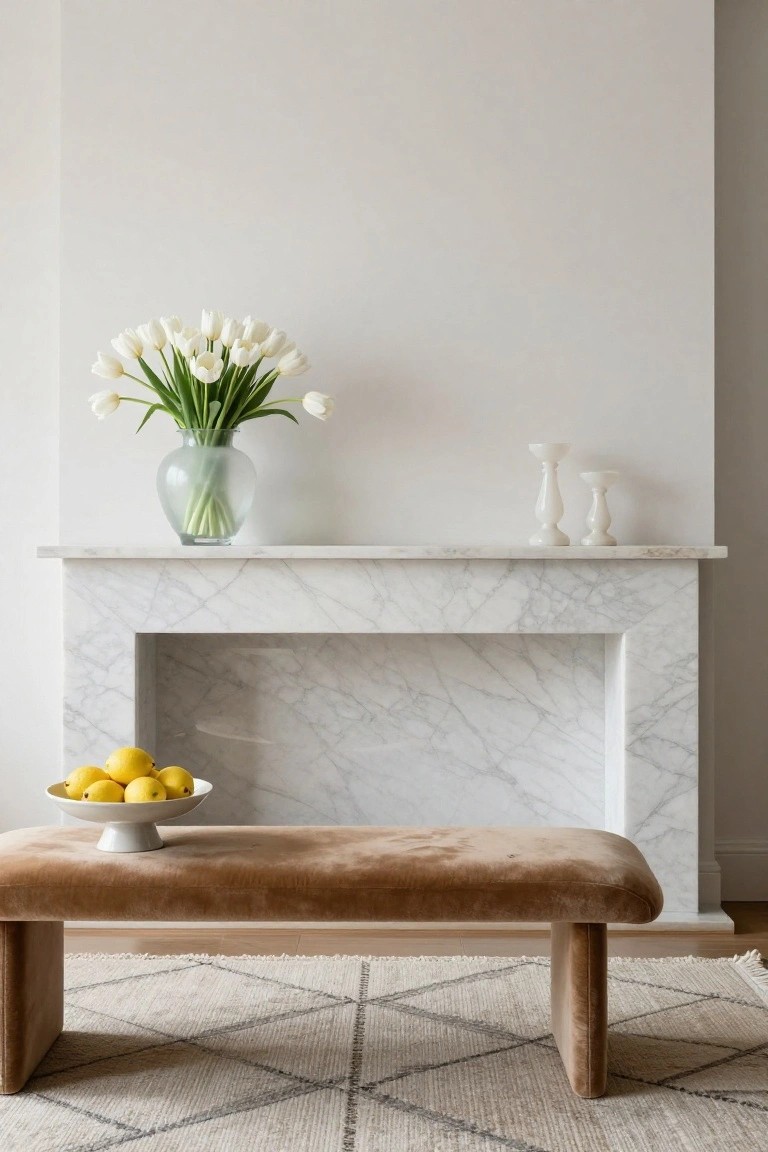 White marble fireplace mantel with a glass vase of white tulips, two white candlesticks, a tan suede bench in front holding a white bowl of lemons, and a neutral woven rug on a light wood floor.