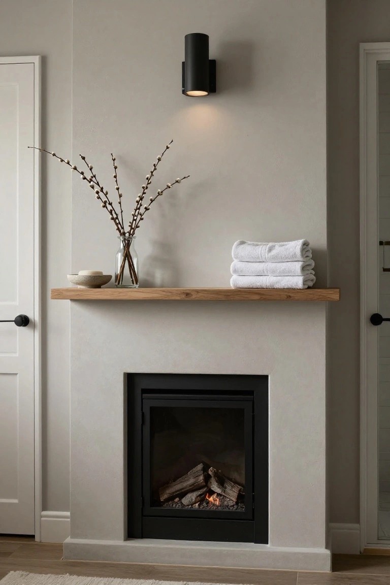 Light gray fireplace surround with floating oak shelf holding pussy willow branches in a glass vase, small ceramic bowl with soapstone, and stacked white towels, flanked by white doors and black wall sconce.
