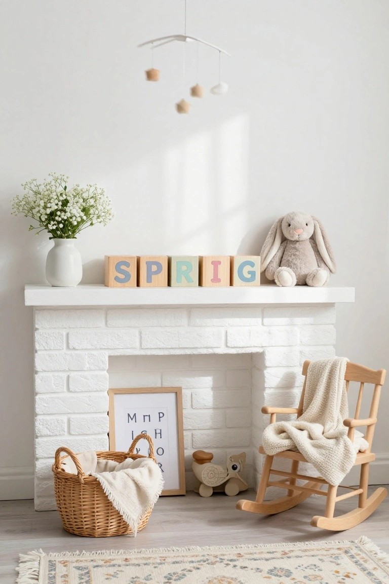 White brick fireplace mantel holding colorful wooden blocks spelling 