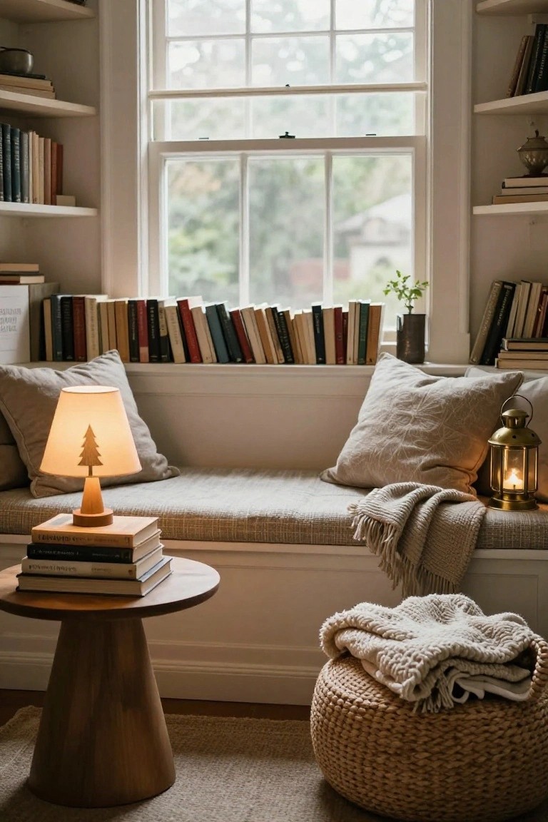 Cozy indoor window seat nook with beige cushions and pillows, wooden lamp with tree silhouette shade on a side table stacked with books, surrounding white bookshelves filled with books, woven pouf stool, and knit blanket nearby.