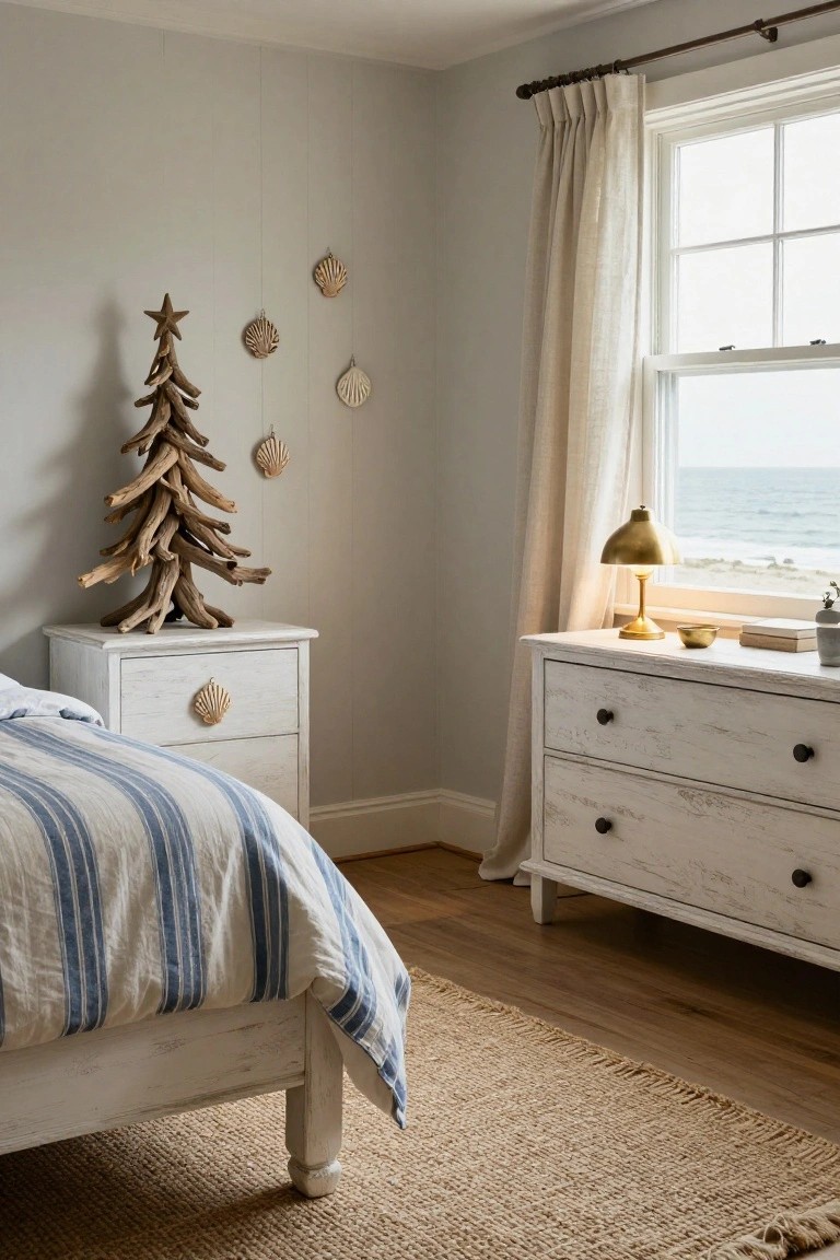 Bedroom corner showing a small driftwood Christmas tree topped with a starfish on a white nightstand with shell drawer pull, shell wall hangings, white dresser, striped bed, and window with beige curtains overlooking the ocean.