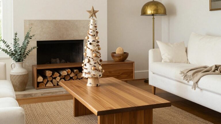 21 Wooden Christmas Decor Ideas That Bring Nature’s Warmth Indoors Cozy living room with a green artificial Christmas tree decorated in wooden ball ornaments, string lights, and a wooden star topper, next to a stone fireplace, beige sofa, wooden coffee table with eucalyptus branches, and gold floor lamp.