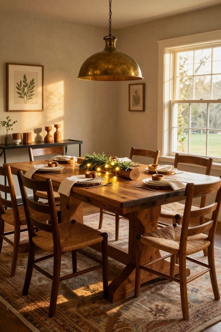 Dining room with rectangular wooden table centered under brass pendant light, decorated with evergreen garland runner, fairy lights, wooden bowls and plates with napkins, surrounded by wooden chairs on patterned rug, sideboard with vases, and window overlooking landscape.