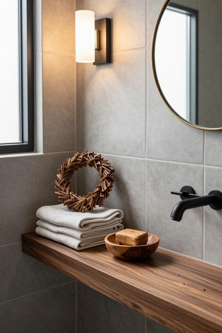 Bathroom corner with gray tiles, floating walnut wood shelf holding stacked white linen towels, woven twig wreath, and wooden bowl with soap bar, next to black wall faucet, round brass mirror, and white wall light by a window.