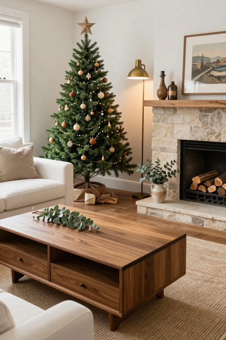 Cozy living room with a green artificial Christmas tree decorated in wooden ball ornaments, string lights, and a wooden star topper, next to a stone fireplace, beige sofa, wooden coffee table with eucalyptus branches, and gold floor lamp.