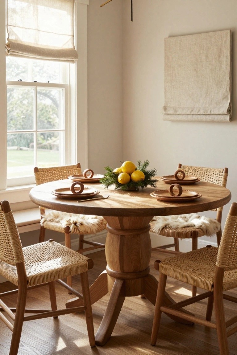 Sunlit interior dining nook with round wooden pedestal table, rattan chairs with sheepskin cushions, wooden plates, gold flatware, and centerpiece of lemons and fir branches on the table, large window with sheer linen shade, neutral walls, and wood floor.