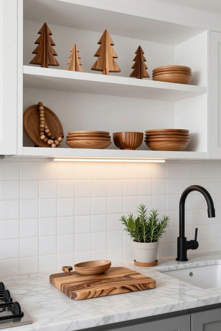 Modern kitchen shelves with wooden bowls, tree decor, and marble counter.