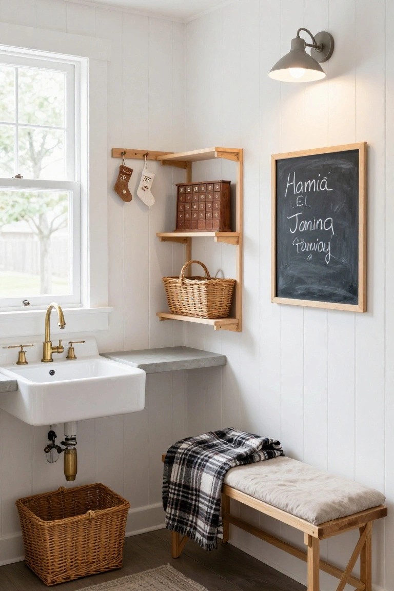 White shiplap-walled mudroom featuring wooden open shelves with wicker baskets, pegs holding Christmas stockings, a farmhouse sink, wooden bench with plaid blanket, and framed chalkboard.