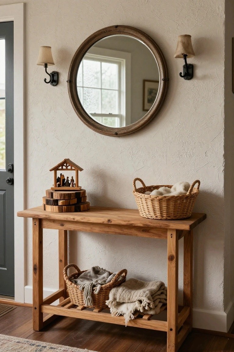 Rustic wooden console table with woven baskets and round mirror.