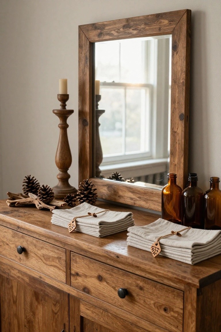 Rustic wooden dresser topped with pinecones, driftwood, stacked linen napkins tied with leaf tags, amber glass bottles, and a wooden candlestick holder next to a matching wooden-framed mirror against a light wall.