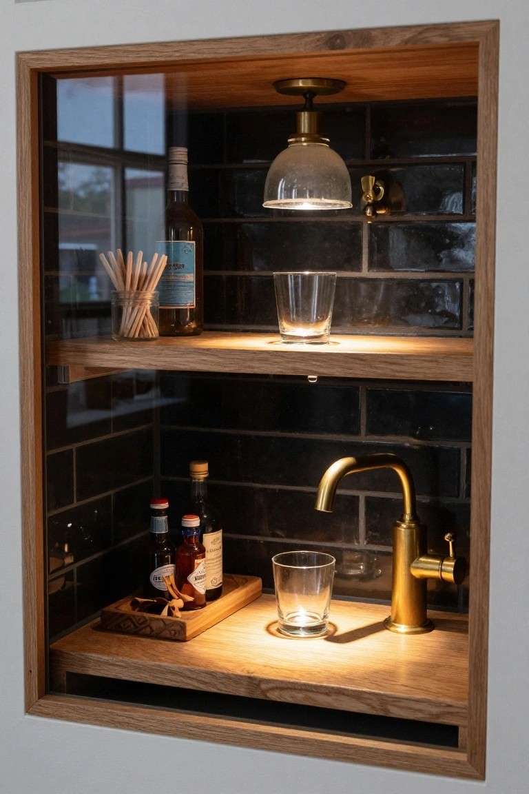 Glass-fronted light wood cabinet with two shelves displaying liquor bottles, glasses, wooden stirrers in a jar, a wooden tray with small bottles and sunglasses, and a brass gooseneck faucet over a sink against black brick tiles.