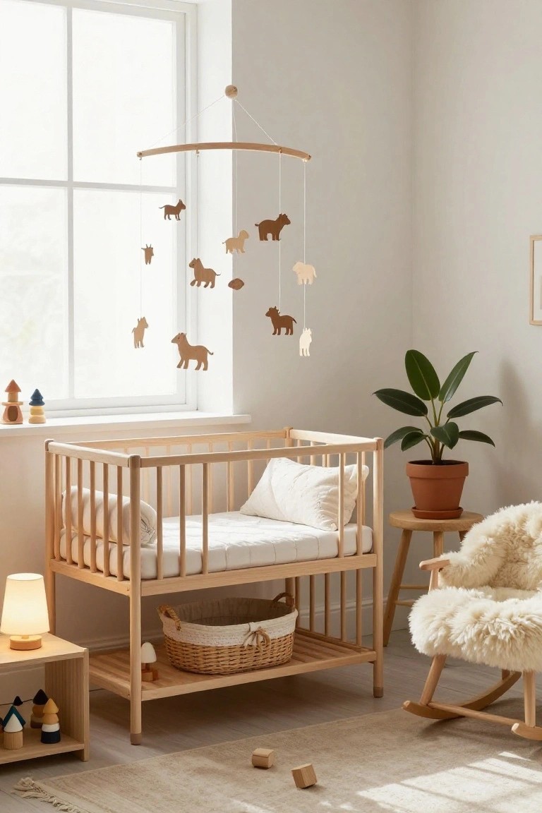 Light-filled nursery with wooden crib on storage base, hanging wooden mobile of animal silhouettes, wooden toys on shelves, potted plant on stool, lamp, basket, and sheepskin rocking chair on light wood floor.