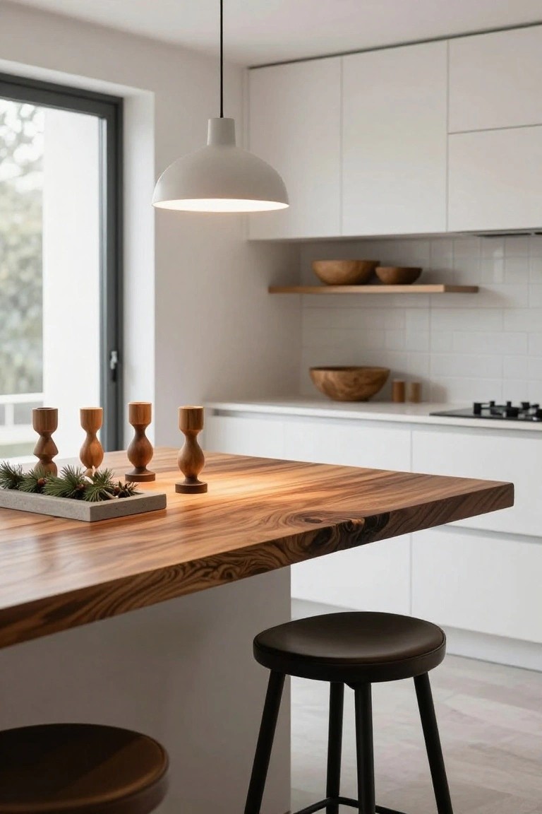 Modern kitchen with white cabinets, wooden island countertop holding four varied wooden candlesticks and a concrete tray of evergreen sprigs, black stools, pendant light above, and window view.