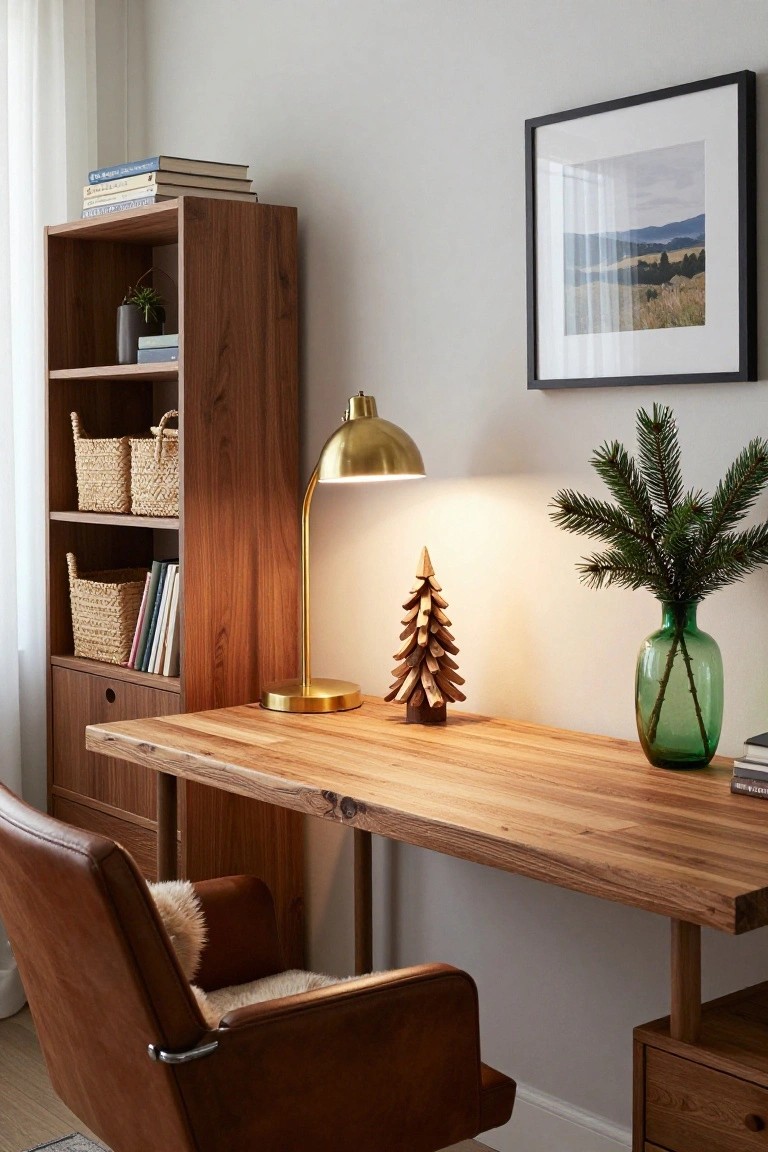 Wooden desk setup in a light gray room with oak bookshelves holding baskets and books, gold arched lamp, small wooden Christmas tree sculpture, fir branches in green glass vase, leather chair with shearling cushion, and wall art.