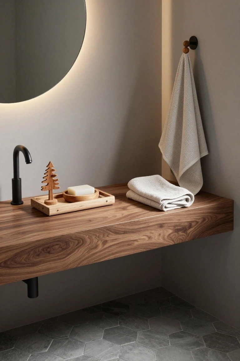Bathroom vanity of walnut wood with black gooseneck faucet, wooden tray holding soap dish and small carved Christmas trees, folded white towels on the counter, larger towel hanging nearby, round backlit mirror, and gray hexagonal floor tiles.