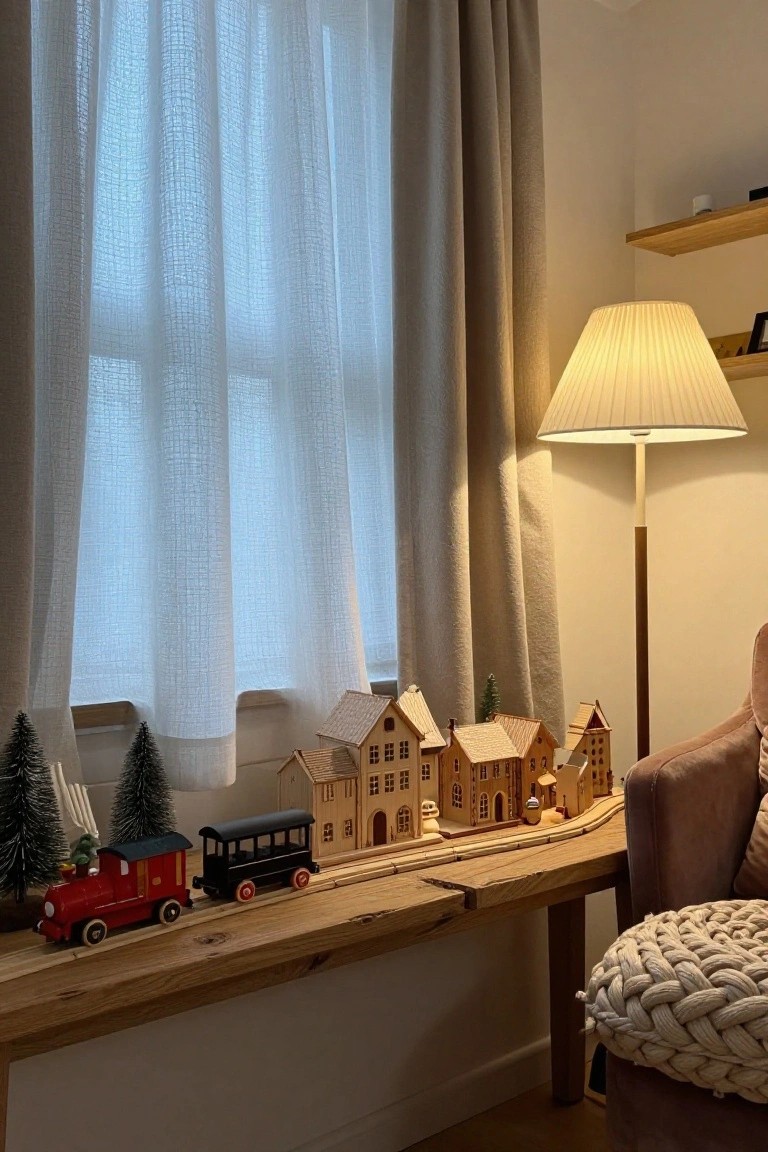 Windowsill display of wooden Christmas village with houses, red train engine, black passenger car, small Christmas trees, and tracks on a wooden ledge, near a lamp and armchair in a light-filled room.