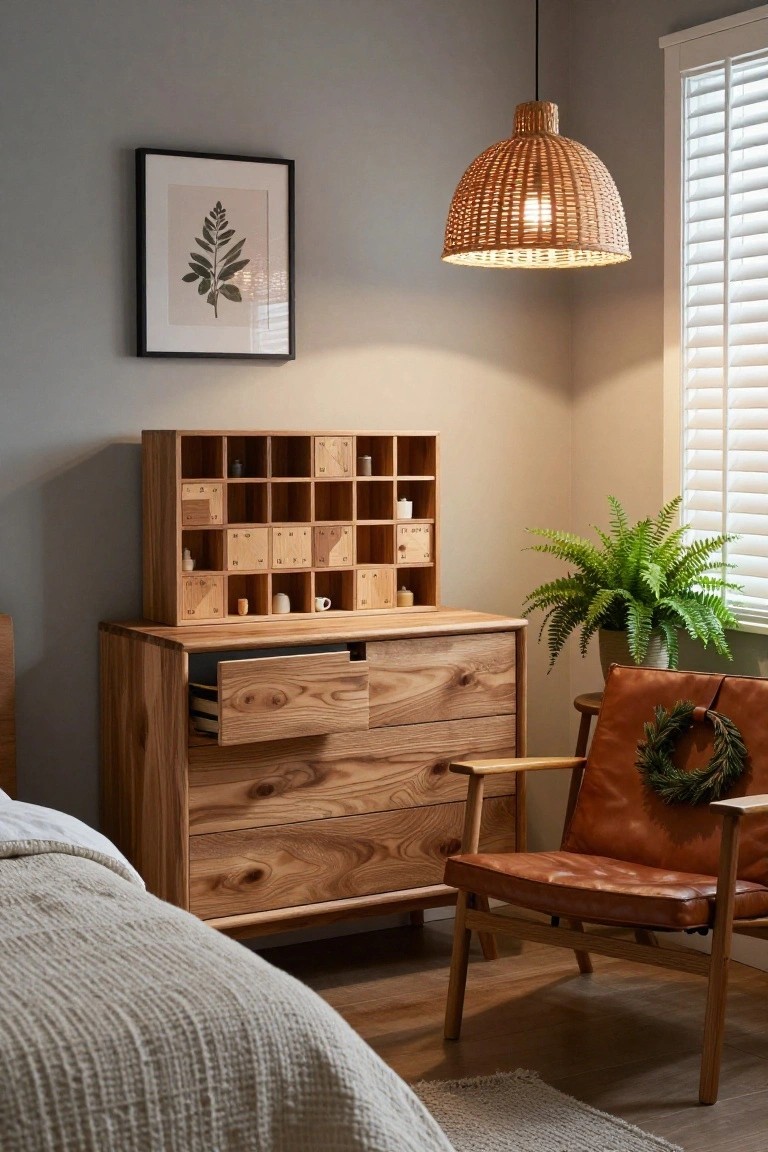 Bedroom corner with tall wooden dresser topped by open cubby shelves containing ceramics and pots, wooden bed with white bedding, tan leather armchair draped with evergreen wreath, potted fern plant, rattan pendant light, and beige rug on wood floor.