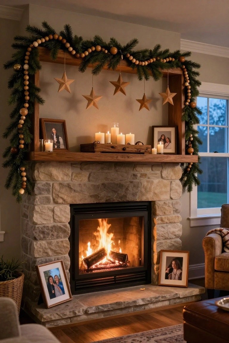 Stone fireplace with burning logs, wooden mantel shelf framed by pine garland and wood bead strands, hanging wooden stars, candles, and family photos in frames.