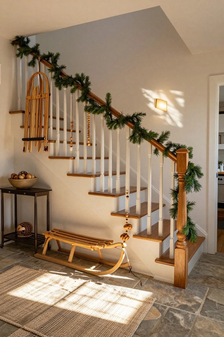 Entryway with white-painted wooden staircase wrapped in evergreen garlands, two antique wooden sleds hanging from the upper banister, wooden bead strands, a small wooden sled on the floor, and a table with decorative bowls nearby.