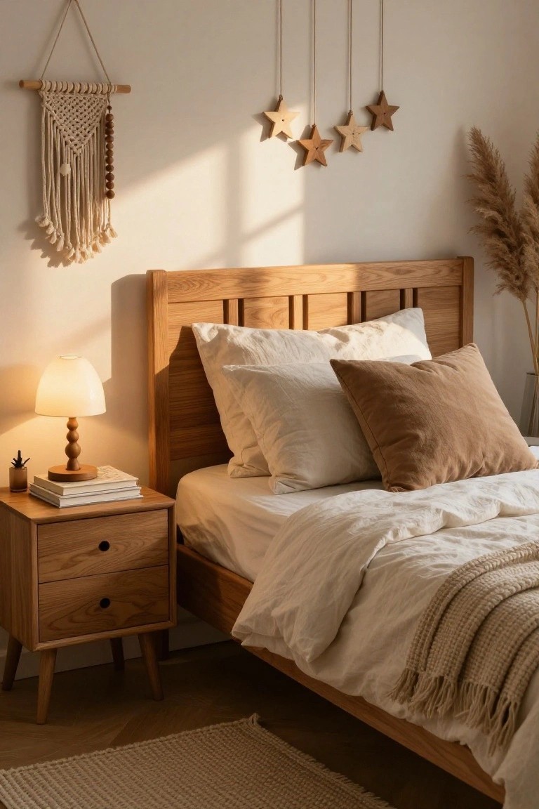 Bedroom with light oak wood bed frame and headboard, matching nightstand with beaded wooden lamp and stacked books, white linens, beige pillows and throw, macrame wall hanging, pampas grass in vase, and wooden star ornaments suspended on strings from ceiling.