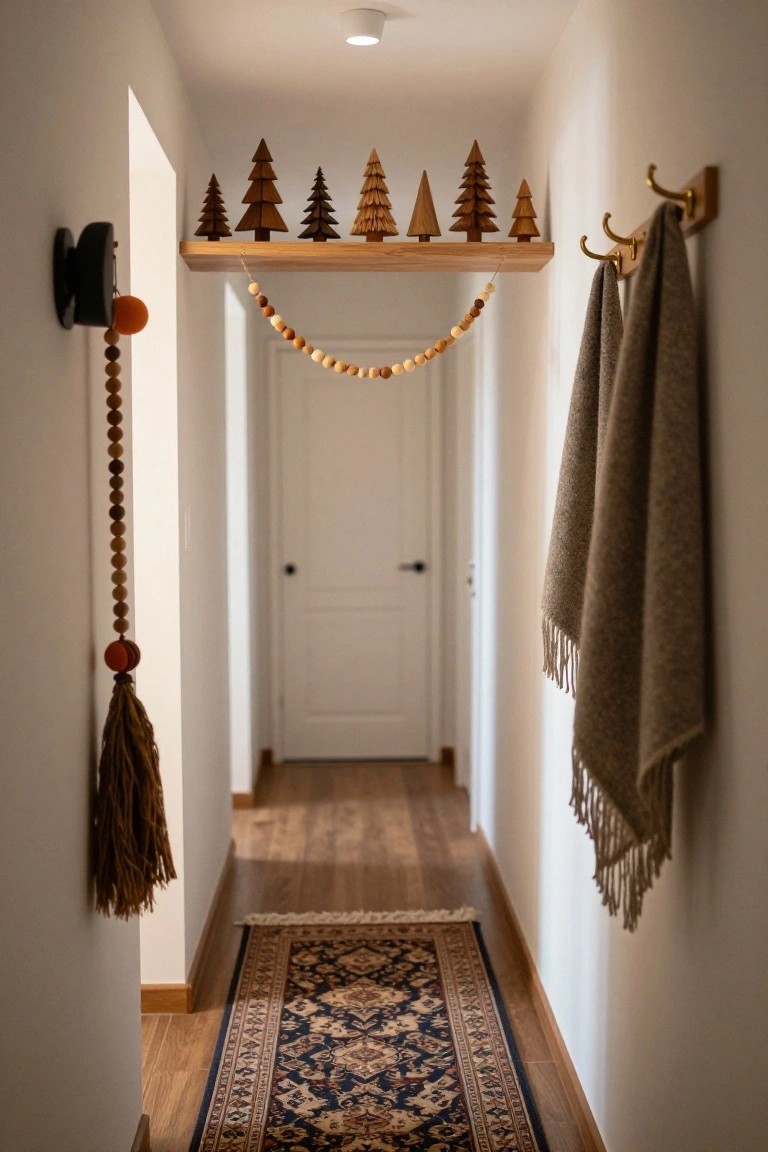 A narrow white hallway with a row of small wooden Christmas trees on an oak floating shelf, wooden bead garland hanging nearby, towels on brass hooks, and a blue and gold Persian runner rug on wood floors.