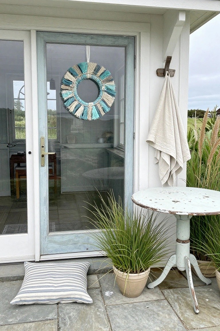 Colorful pom-pom yarn wreath hanging on a light blue door in a white beach house room with rattan chairs, wooden coffee table, shelves with jars, and ocean view through the door and window.