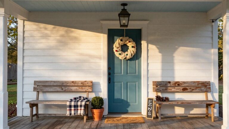Small white shiplap-walled interior nook with window, large evergreen Christmas wreath featuring white yarn braids on wall above wooden bench holding lamp, basket, picture frames, and fir branch, tan coat draped on gold hooks beside door.