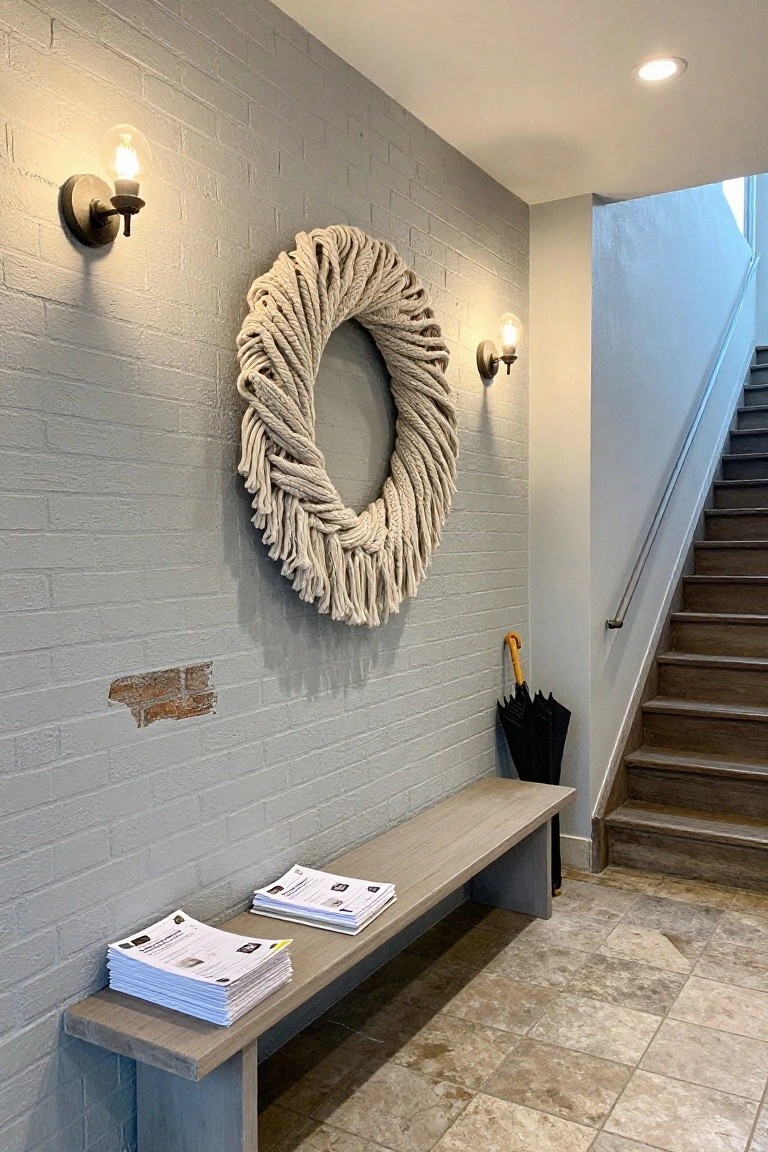 White interior wall corner with two textured wreaths hanging amid framed green leaf prints, wooden ladder draped with beige blankets, and wood console table holding a ceramic lamp, brass bowl, and stacked towels on hardwood floor.
