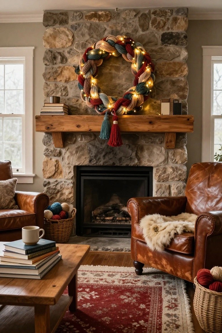 Rustic wreath made of tan rope, red yarn wraps, white cotton bolls, and burlap bow hanging on light gray interior wall above wooden table with terracotta vase of greenery, brass candlesticks, candles, and stacked wooden bowls on woven runner.