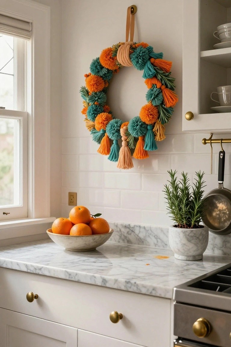 A rainbow-colored yarn pom-pom wreath with a central mirror hangs on a white wall above a rattan armchair in a sunlit indoor corner, accompanied by ivy plants in terracotta pots, wooden toys on shelves, a knit throw, and a hanging mobile with yarn balls.