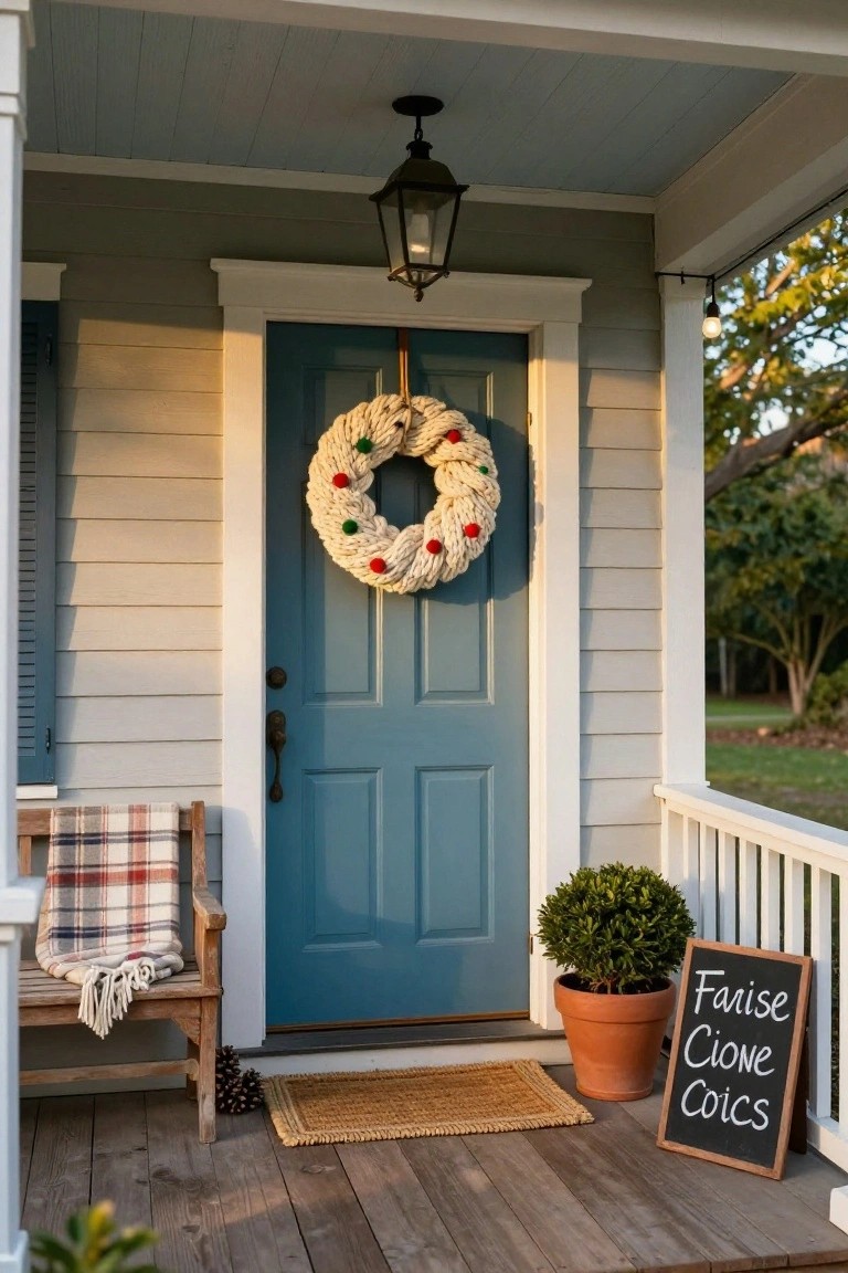 Small white shiplap-walled interior nook with window, large evergreen Christmas wreath featuring white yarn braids on wall above wooden bench holding lamp, basket, picture frames, and fir branch, tan coat draped on gold hooks beside door.
