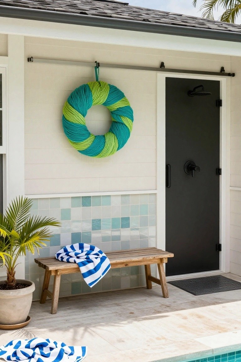 Covered porch with shiplap walls, wooden hook board holding black hat, red patterned scarf, cream embroidered scarf, blue plaid scarf, and multicolored knotted yarn wreath, plus blue umbrella, small blackboard, wicker basket, wooden bench, galvanized buckets with shoes and flip-flops.