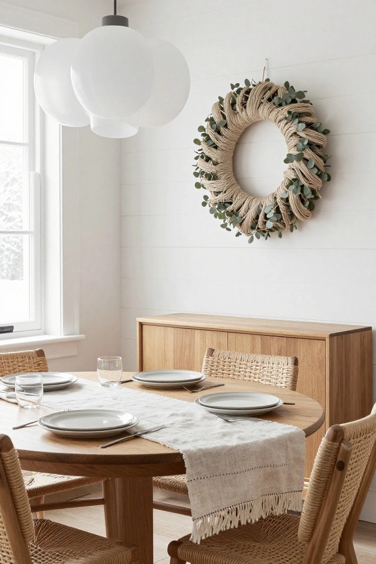 Gray paneled door with a yarn wreath featuring pom-poms and dried orange slices hanging on it, opening into a kitchen with white farmhouse sink, marble island, and green cabinets.