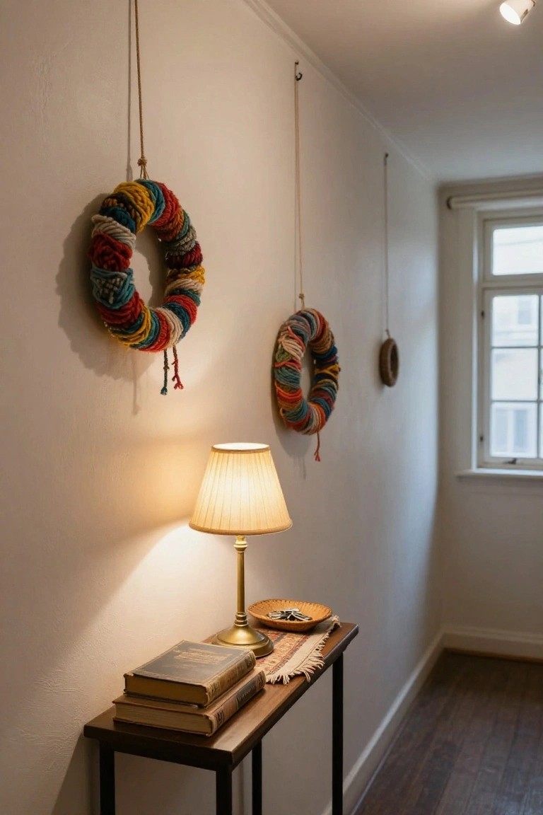 White interior entryway with a large teal and yellow yarn wreath hanging on the wall above a wooden console table holding a book and brass bell, beside a framed abstract black artwork and a tall ceramic vase on the speckled floor.