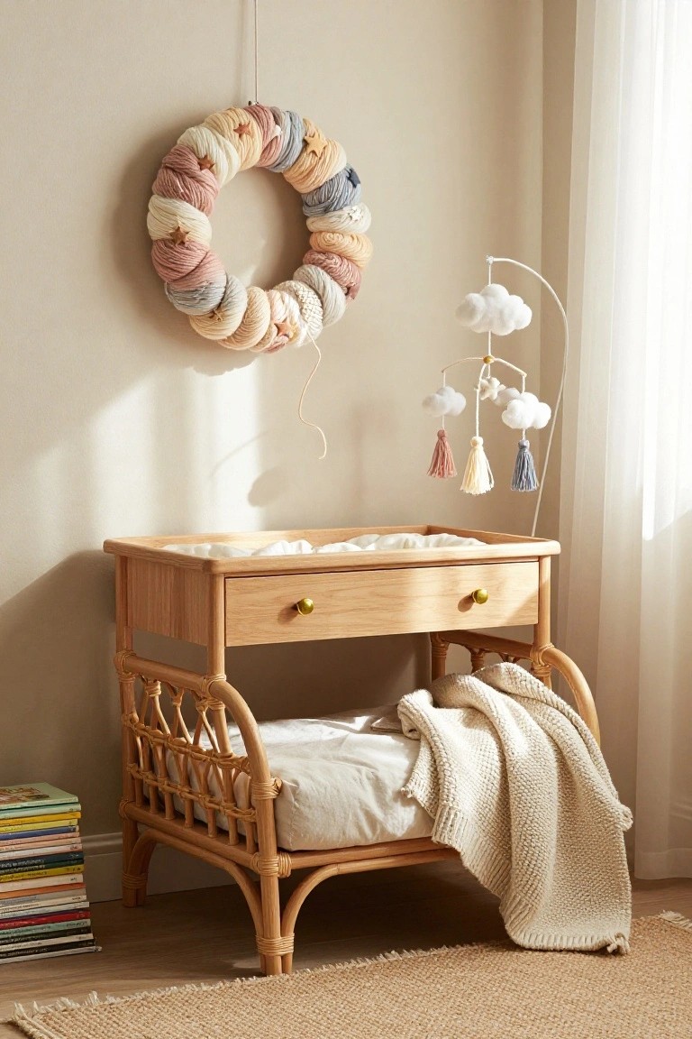 Light beige stairwell with wooden steps covered in a gray striped runner, two multicolored yarn rope wreaths encircling round mirrors on the wall, a white ceramic lamp, potted succulents, stacked books, and woven baskets on the steps.