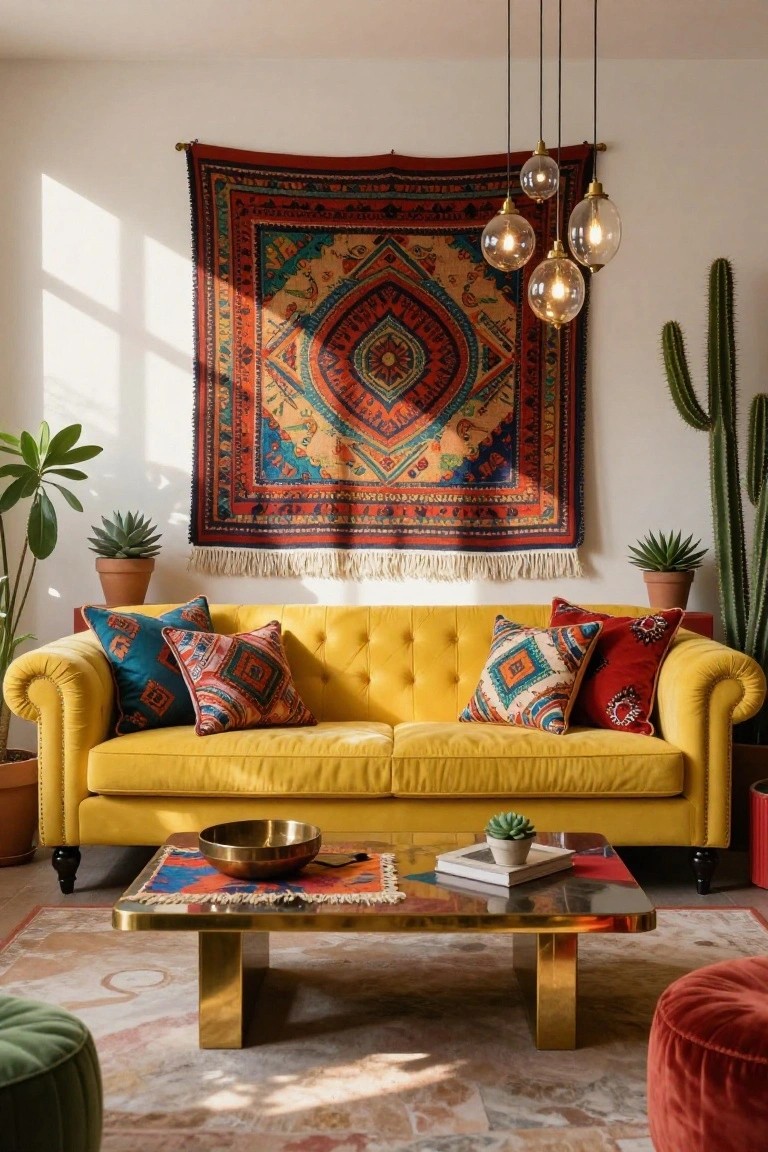 Sunlit living room with yellow tufted velvet sofa, colorful patterned pillows, potted plants and cacti flanking it, brass coffee table holding a bowl and books, large geometric tapestry on white wall, pendant globe lights overhead, and green and red poufs on patterned rug.