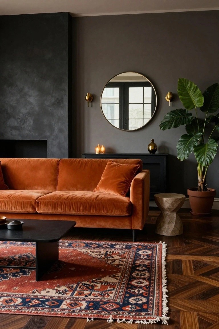 Burnt orange velvet L-shaped sofa in a dark gray living room with black furniture, Persian rug, gold mirror, large plant in terracotta pot, and wood parquet floor.