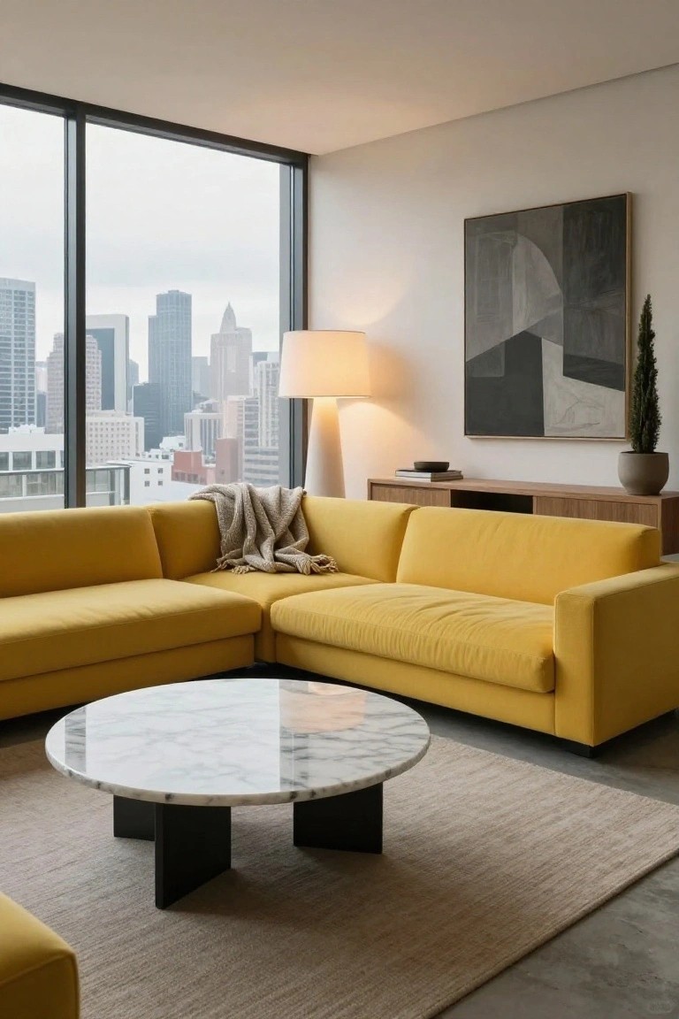 Modern living room with yellow L-shaped sectional sofa, black-based marble coffee table, tall floor lamp, abstract wall art, wooden media unit, and large windows showing city skyline.