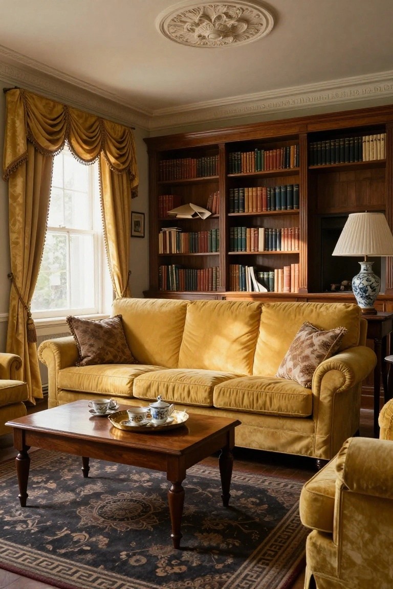A living room with a yellow velvet sofa and matching armchairs around a wooden coffee table set with teacups, against wooden bookshelves and large curtained windows.