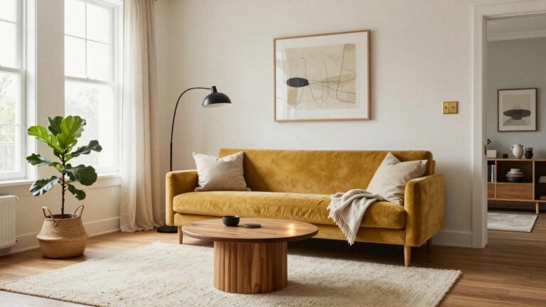 Living room with mustard yellow velvet three-seater sofa, oval wooden coffee table holding a beige bowl, two potted fiddle leaf fig plants, arc floor lamp, wooden credenza with ceramics, large framed abstract black line drawing on cream wall, and sheer curtains on window.